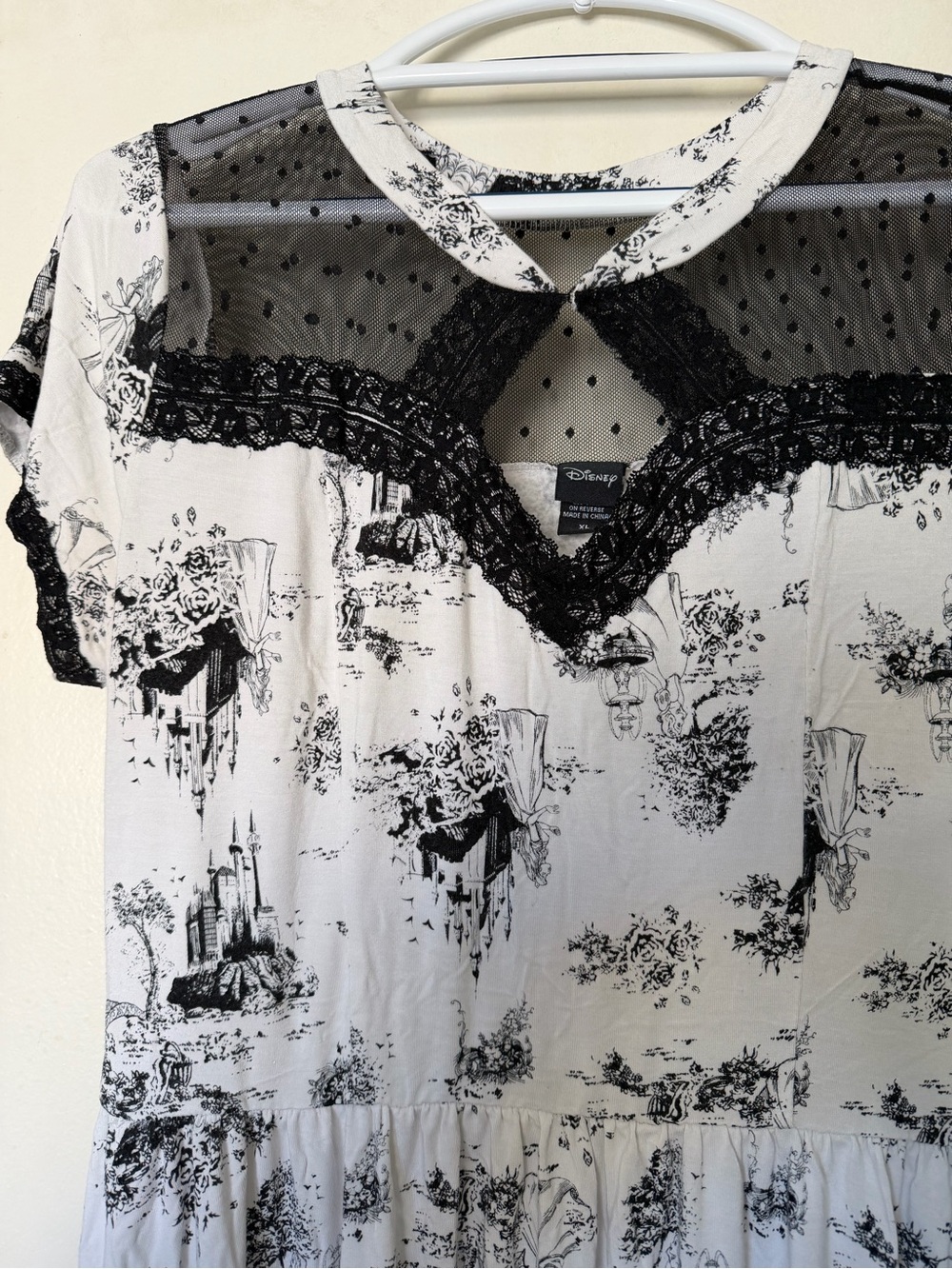 Disney Toile Print Skater Dress XL Black White Castle Mesh Lace - Picture 5 of 8